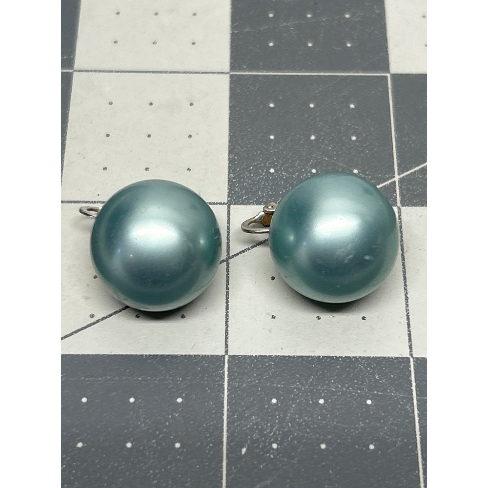 Vintage Marvella Clip On Earrings Blue Faux Pearl Dome Studs Mod Costume Retro